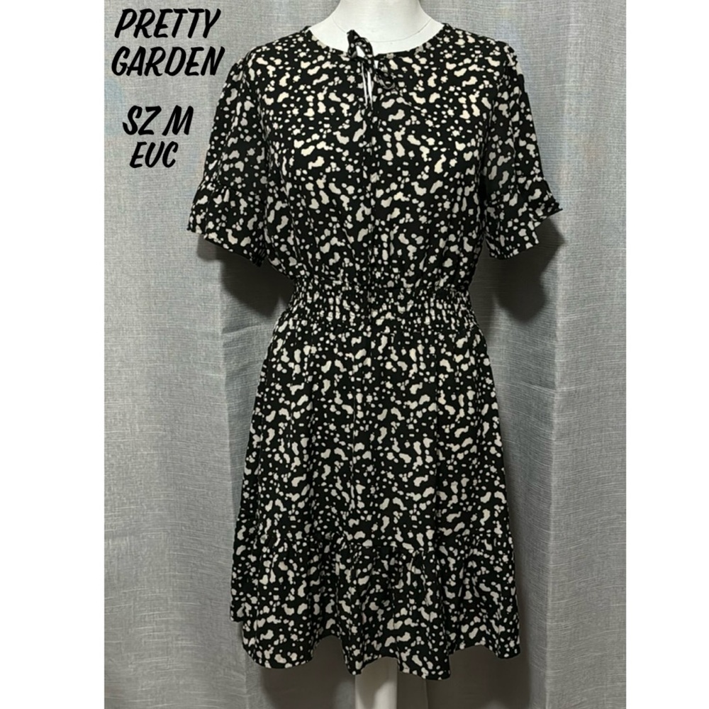 Pretty Garden Dress-Sz M-Black & Beige Splatter  Print-EUC